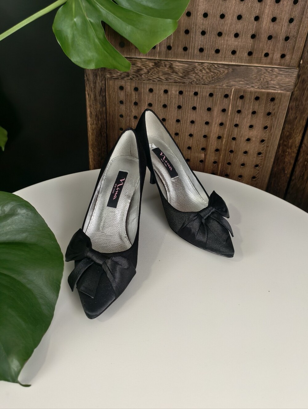 Vintage Nina Black Satin Pointed-Toe Pumps with Bow